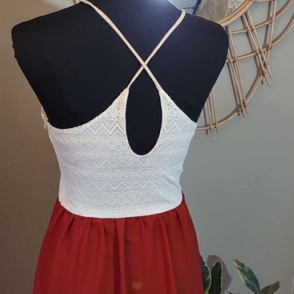 Tobi Burnt Orange with Creamy Lace Halter Top Mini Swing Dress Sz S‎ - Picture 6 of 13